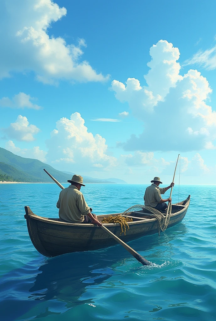 Landscape of a fishing canoe and fishermen in the sea Brazil 