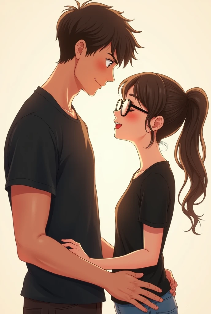 Image of a cute couple girl standing beside each other boy wearing black shirt and girl wearing black top boy is taller and mascular and girl is cute and wearing specteles boy hand is on girl waist and girl doing ponytail