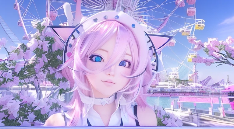 Pink haired and blue eyed anime girl in front of a ferris wheel, Beautiful anime cat girl, White cat lady, Very Beautiful Anime Cat Girl, Realistic Anime 3D Style, 3D Anime Real, Very beautiful cute cat girl, Cat ears anime girl, Trending on cgstation, Detailed anime soft face, Cute anime cat girl, Ultra realistic anime, Anime very detailed