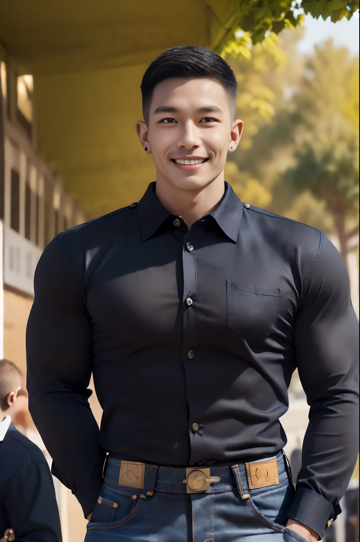 afmface ,Handsome young man smiles, showing teeth, selling merchandise, (have a mustache:1) ,(buzz cut:1), (short hair:1.2), The forearms are muscular., (Wear a black, tight-fitting collared shirt with buttons.:1.6), (Jeans:1.5), Big muscles, Handsome and muscular, full body angle, (outdoor market:1.3), natural light
