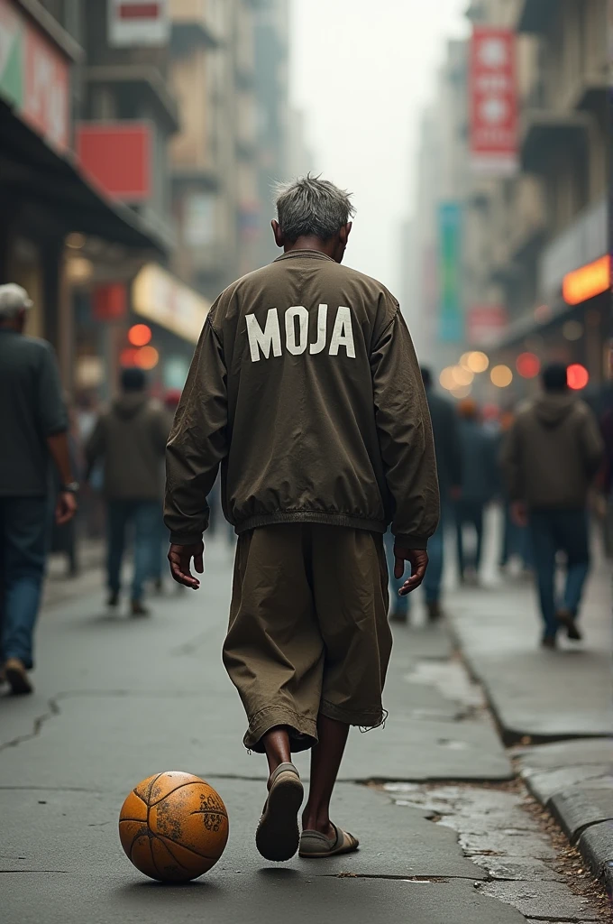 A begger walking on strret kicking a football written MOJA o his back
