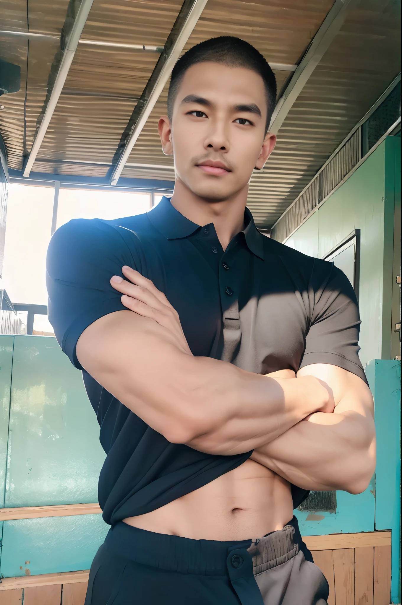 armface , Handsome young man standing, (have a mustache:1) ,(buzz cut:1.1), (short hair:1.2), The forearms are muscular., (Tight T-shirt:1.5),(black polo shirt:1.5), Jeans, Big muscles, Handsome and muscular, full body angle, (Fitness:1.1), natural light 