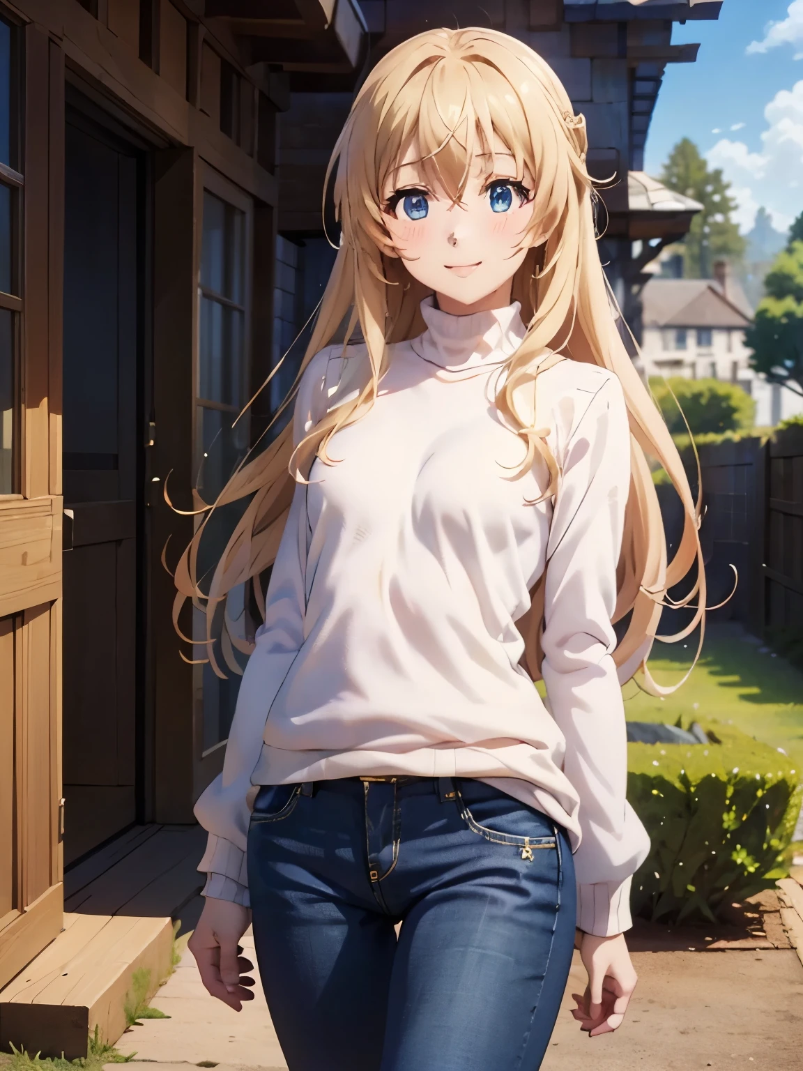 masterpiece,(Anime illustration style:1.5),Shooting from the front、smile、Highest quality,Super detailed,Outdoor,One girl, Goblin Slayer_Prieste Standing、 blue eyes, Golden Hair,sweater, pink sweater, turtleneck, Long sleeve,In jeans、smile、Brown Hair,(Realistic, Genuine, Genuine的、Realistic), ((Highest quality)、 Cowboy Shot,