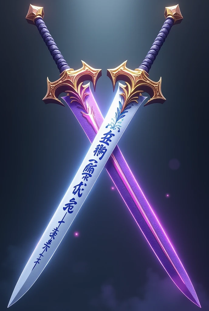 picture of a white sword using a white sword cover and blue decoration and blue writing on the sword katana, and combined with a purple sword with a purple sword cover and yellow and red decoration, With x sword pose, with game hd style art,