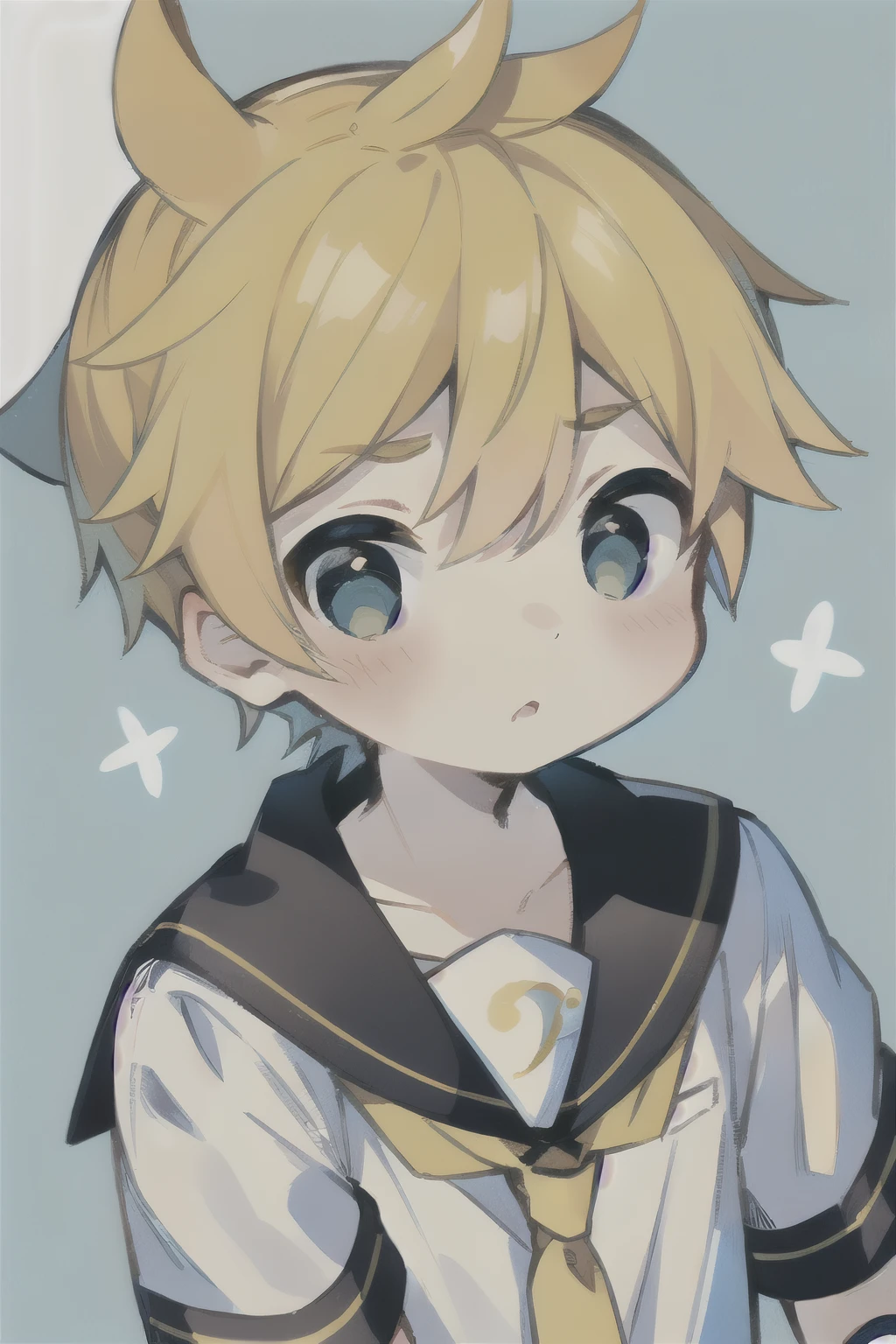 Highest quality, (high quality),eye highlights,arms are thin, thin body,own hands together,face,from front,(portrait),((very short hair)),look at viewer,droopy eyes,shy,Pouting mouth,open your mouth and laugh,(((chilled boy))), (1 boy),kagamine len,yellow hair, spiked_hair, black_sailor_collar,light Blue background , arm_warmers, white_shirt, necktie, yellow_necktie, sailor_collar, male_focus, short_sleeve,illustration,anime style,