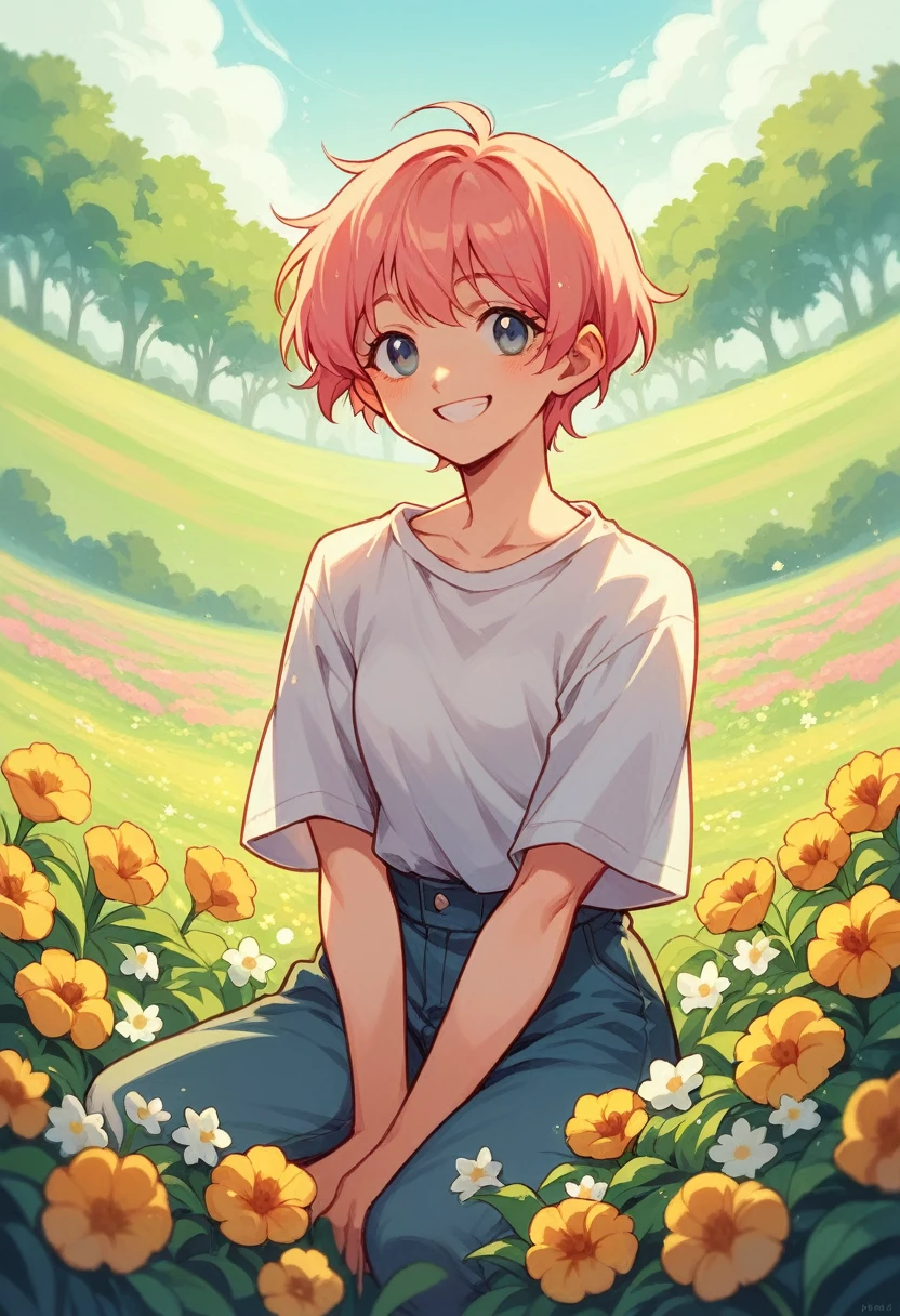 Anime girl in the anime style of the 80s sitting in a field of flowers and looking at the camera, smiling. pastel-colored