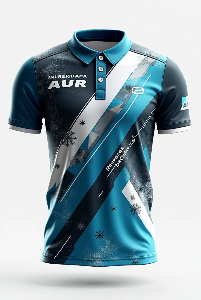"Design a collared, 3-on neckline. The center front should feature the word 'AUR'. On the back, center the player's name above their role. Use a color of blue, teal, gray, black, and white. The design should incorporate geometric shapes, wind-like slashes, and subtle snowflake elements, white