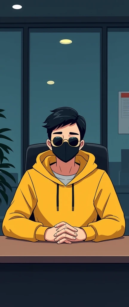 ANIME FRIENDLY LOOKING MALE BUSINESS CHARACTER WHO IS WEARING A BLACK FACE MASK, A YELLOW HOODIE AND SUNGLASSES. HE IS SITTING BEHIND HIS LAPTOP IN HIS OFFICE, ARMS ON HIS DESK. IT IS NIGHT. THE ROOM HAS VOLUMETRIC
LIGHTING. HE IS FRONT FACING TO THE CAMERA, LOOKING STRAICHT AND CENTERED, CENTRAL PORTRAIT, SITTING STRAIGHT, FRONT VIEW, CENTERED LOOKING STRAIGHT. THE OVERALL AMBIANCE OF THE IMAGE SHOULD CONVEY A CONNECTION TO MINIMALISM, FLAT ILLUSTRATION, BOLD LINE, MINIMALISM, SIMPLIFIED, GOUACHE ILLUSTRATION. 8K RESOLUTION