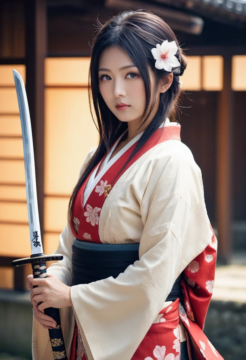 (Japanese sword &reference;Muramasa 2&reference;.2)Beautiful 27 year old woman、Japanese women、Tie your hair back、Hair ornament artist、Shinobi Costume、Warrior、Clear Eyes、{Arm tattoo(SakuraFubuki}'Back Tattoo、Warrior、(Japanese swordを両手で構える、1.3)(Japanese sword1.2)Intermediate position、In front of the body、(Hold the sword horizontally 1.3)、whole body、Long Blade Sword、Realistic battle scenes、敵Warriorの返りBlood、Blood、High resolution、Highest quality、Very detailed、8k、background、The castle is burning、Sparks fly、