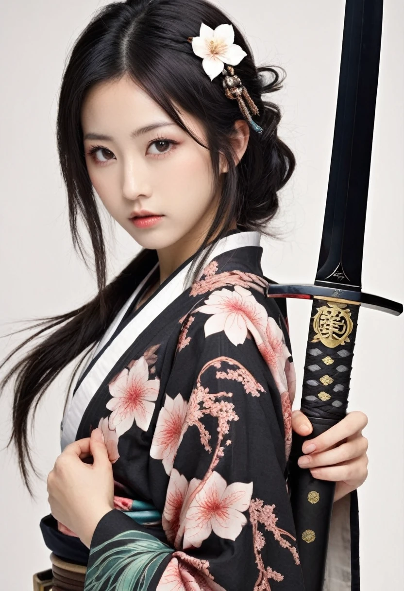 (Japanese sword &reference;Muramasa 2&reference;.2)Beautiful 27 year old woman、Japanese women、Tie your hair back、Hair ornament artist、Shinobi Costume、Warrior、Clear Eyes、{Arm tattoo(SakuraFubuki}&#39;Back Tattoo、Warrior、(Japanese swordを両手で構える、1.3)(Japanese sword1.2)Intermediate position、In front of the body、(Hold the sword horizontally 1.3)、whole body、Long Blade Sword、Realistic battle scenes、敵Warriorの返りBlood、Blood、High resolution、Highest quality、Very detailed、8k、background、The castle is burning、Sparks fly、