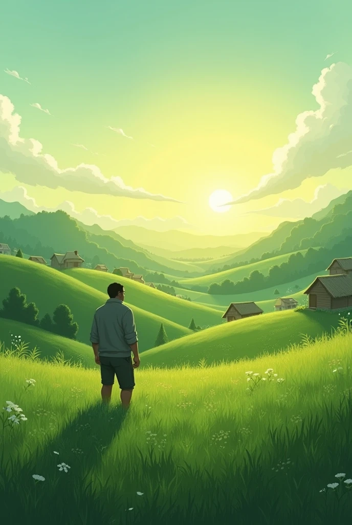 Grassland and dawn, village, man