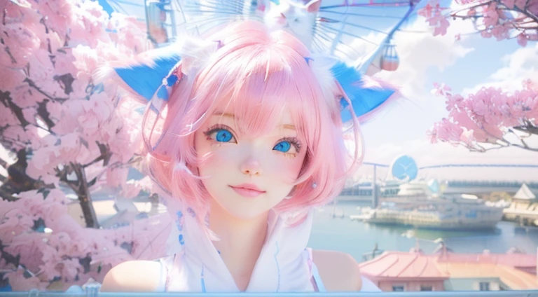 Pink haired and blue eyed anime girl in front of a ferris wheel, Beautiful anime cat girl, White cat lady, Very Beautiful Anime Cat Girl, Realistic Anime 3D Style, 3D Anime Real, Very beautiful cute cat girl, Cat ears anime girl, Trending on cgstation, Detailed anime soft face, Cute anime cat girl, Ultra realistic anime, Anime very detailed
