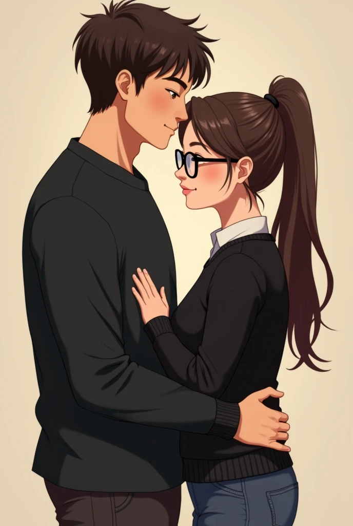 Image of a cute couple girl standing close to each other boy wearing black shirt and girl wearing black top boy is taller and mascular and girl is cute and wearing specteles boy hand is on girl waist and girl doing ponytail 