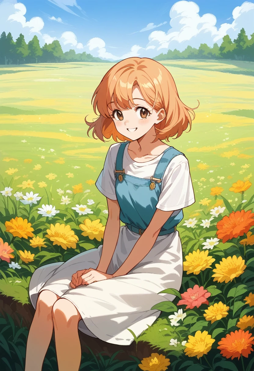 Anime girl in the anime style of the 80s sitting in a field of flowers and looking at the camera, smiling. pastel-colored
