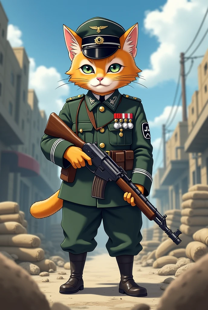 Create a cat that walks on two legs and wears a German uniform from World War II and carries an MP40 as a weapon but in anime style and wears a helmet