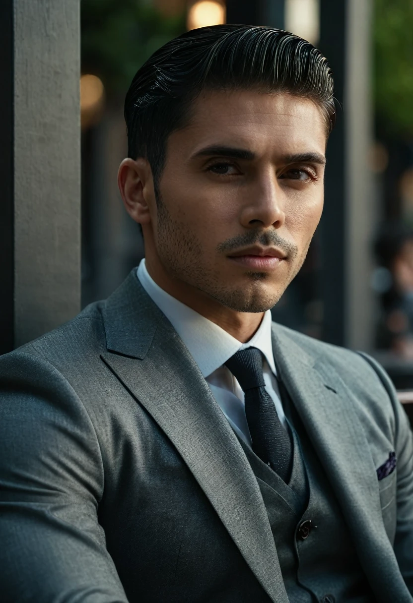 gu,a handsome man in a , sitting on a bench, looking to the side, detailed facial features, sharp focus, 8k, photorealistic, professional photography, dramatic lighting, cinematic composition, elegant attire, high-quality, hyperrealistic, intricate details, flawless skin, intense gaze, natural expression, chiaroscuro lighting, dramatic shadows, warm color tones, sophisticated style, luxurious environment