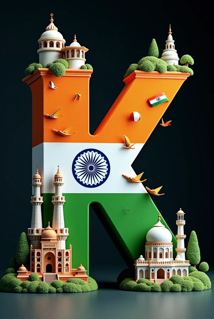 Create a detailed prompt for this image:

"Generate a 3D rendering of the letter 'K' that represents India. The letter is designed with elements from famous Indian landmarks, both modern and historical, such as skyscrapers, temples, and domes. The 'K' is decorated with the colors of the Indian flag, with the top part in saffron, the middle in white featuring the Ashoka Chakra, and the bottom in green. The background is dark to contrast the vibrant colors, and there are additional elements like Indian flags, birds, and greenery to give the design a lively and patriotic feel."