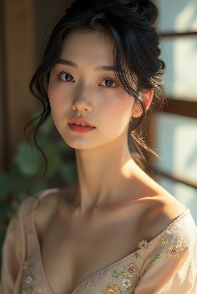 An elegantly dressed Japanese woman in natural light、A close-up of her chest and calm expression.、It shows her inner peace and outer charm.。