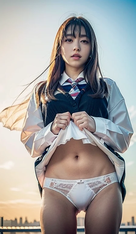 (8k、born、Professional、Highest quality、masterpiece:1.2)、(Genuine、Realistic:1.37)、Very detailed、(Portrait of an woman)、(expensiveest Detail Skin:1.2)、(expensiveest detail face:1.2)、1 Female、18-year-old、Black Hair、Long Hair、expensive 、Japanese expensive born Sailor Suit Uniform、The wind blew up her pleated miniskirt., Revealing white lace panties.)、Sunset sky、The cityscape at dusk can be seen in the distance、Golden Hour