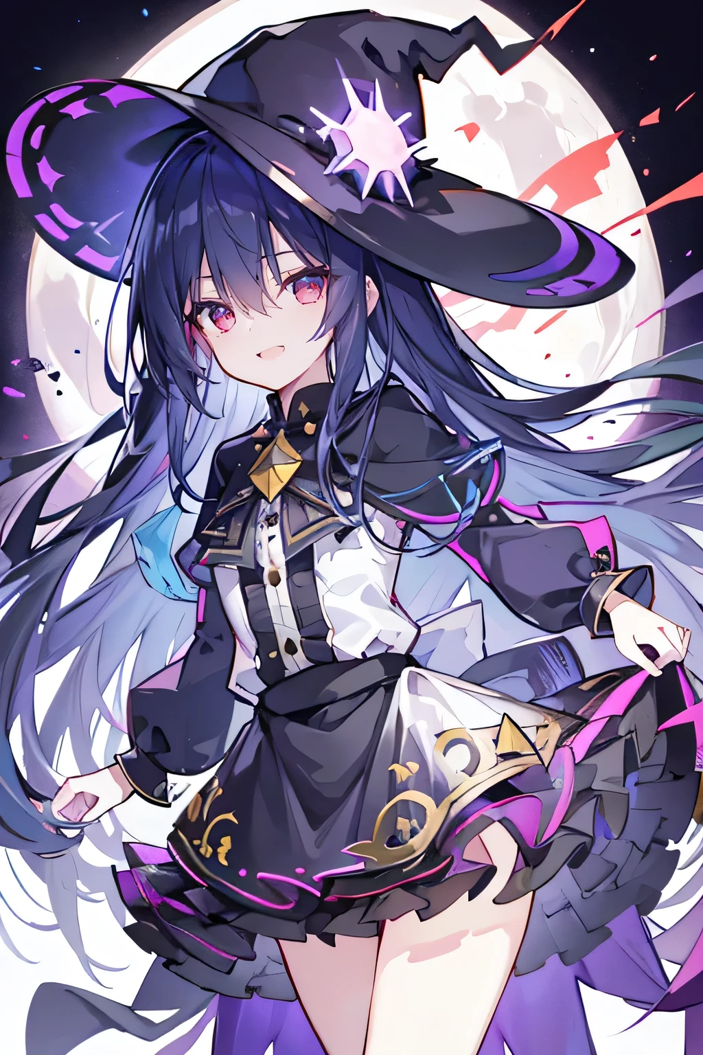 oung Girls,Humanity,A magician always smiles,big witch hat,cute,dark blue long hair,The eyes are dull,The bangs are heavy,Thin eyebrows,fantasy,intake,Double teeth,Star Theme,Constellation pattern,Solid color clothetal decoration,cloak,A bit of a dark atmosphere,A little crazy smile,When the big moon shines outside at night,blood,Hair black star embellishment,Short tie,No nails,High waist skirt,Bell sleeves,Long-sleeved shirt,Black tie,low risk,gentlemen。Mist、Yellow and white effect,Shocking pink as an accent color