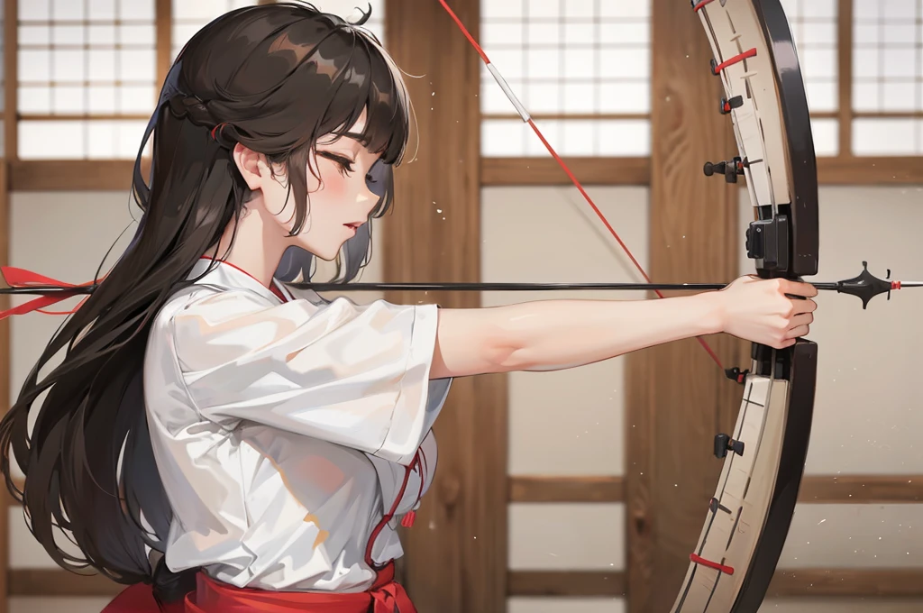 (((profile, standing Kyudo style))), (left hand holding a japanese long bow, Push forward left hand with japanese long bow, right hand with arrow), (solo:2, 15 yo) (detailed beautifu blunt bangs:1.3) (beautiful sexy black hair very long hair) (beautiful shrine maiden girl) (detailed sexy closed eyes) (serious face, glossy lip) (medium tits), break, in a white Kyudo uniform, break, in the japanese Archery range, black Kyudo breastplate, BREAK, perfect anatomy, masterpiece, best quality, 16k, beautiful detailed grow, daydreaming expression.