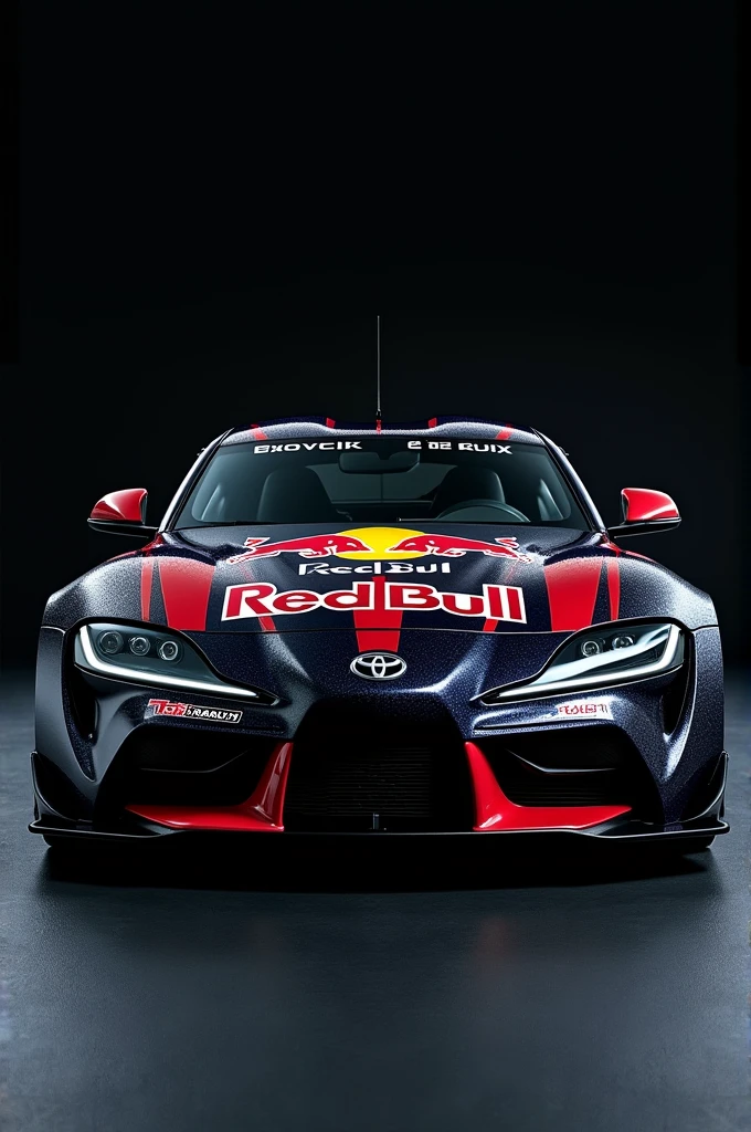 A black mk4 supra with branding of redbull and Rolex with black shade and colour
