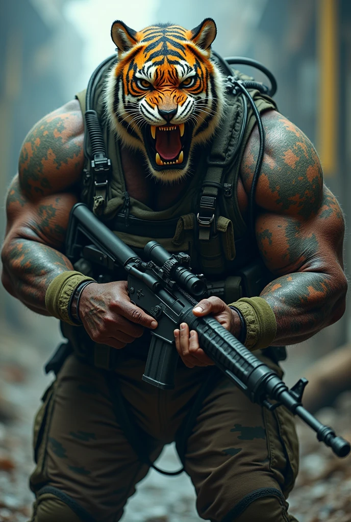 (a dark-skinned fat muscular old man in camouflage diver suit) carrying a gun in right hand, (wearing realistic roaring tiger mask), dynamic action pose, fierce expression, showcasing an imposing stature, surrounded by military elements, dramatic shadows and intense highlights, cinematic color tones, high detail, powerful, art influenced by Bruce Onobrakpeya and Stanley Artgerm, ultra-detailed, best quality image, action-packed atmosphere. fighting stance