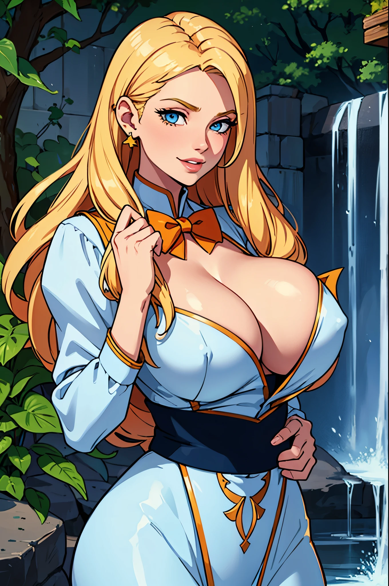 ultra HD, Eleven now , with gigantic breasts: 1.4 and blond hair , long ear, deep blue and orange eyes, Full lips, attractive, souriant, with a bow in their hands in their left hands, in general plant in a cascade