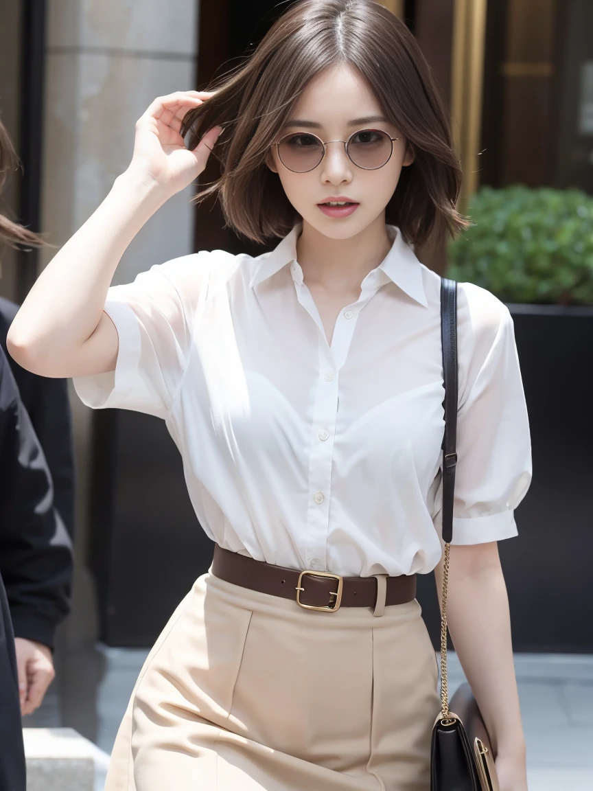(One woman), short bob, 28 years old, Japanese, brown eyes, brown hair, slim figure, flat chest, rosy cheeks, flushed face,
Break
Outfit: She's wearing high-end branded black sunglasses, a chic white blouse and a fitted skirt. She's carrying a large handbag.
Expression: She has a look of surprise on her face, her mouth slightly open and her eyes wide open, as if she's just discovered something.
Setting: The entrance to a luxury hotel. She's rushing to get into her car, surrounded by paparazzi and camera flashes.