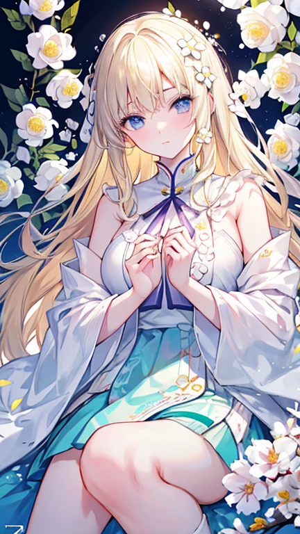 Blonde woman with her face and eyes covered with white flowers, inspired by Hsiao-Ron Cheng, inspired By Yanjun Chen, Written by Ayami Kojima, by Hsiao-Ron Cheng, By Yanjun Chen, Gwaiz, artwork in the style of Gwaiz, by Eizan It's a gift, pastel, James Jean and Urop