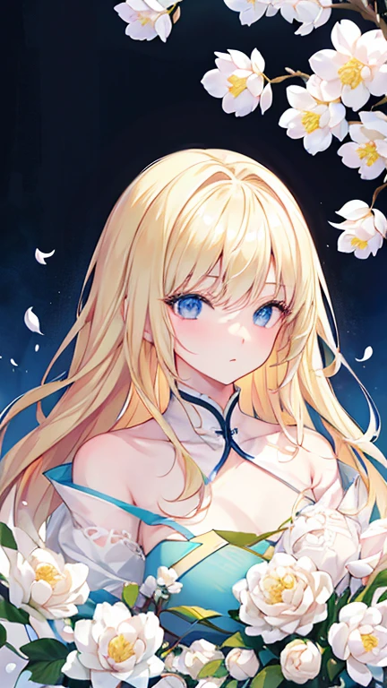 Blonde woman with her face and eyes covered with white flowers, inspired by Hsiao-Ron Cheng, inspired By Yanjun Chen, Written by Ayami Kojima, by Hsiao-Ron Cheng, By Yanjun Chen, Gwaiz, artwork in the style of Gwaiz, by Eizan It's a gift, pastel, James Jean and Urop