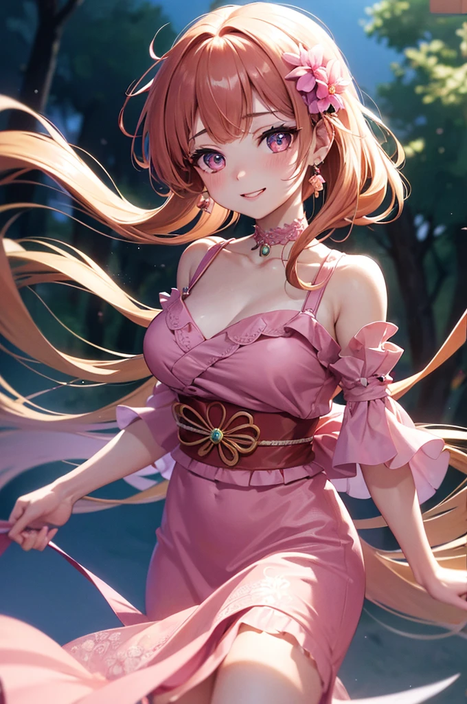 A beautiful girl in a pink dress standing in front of a wooden house, anime girl, house in the middle of the forest, short kimono dress, pink flowered dress, bare shoulders, choker with earring, big round breasts, lace stockings, looking at the sunset, brown hair, long bangs, long hair, ponytail, wavy hair, swept bangs, shiny hair, hairclip, hair flower, ribbon, jewelry, aqua eyes, glowing eyes, pupils sparkling, earrings, smile, blush, seductive smile, red lips, high detail, anime, anime style, cinematic lighting, dithering, image fill, multiple views, atmospheric perspective, perspective, Wide-Angle, f/1.8, 85mm, Nikon, 8k, super detail, UHD, retina, masterpiece, accurate, anatomically correct, textured skin, high details, best quality, highres, 16k