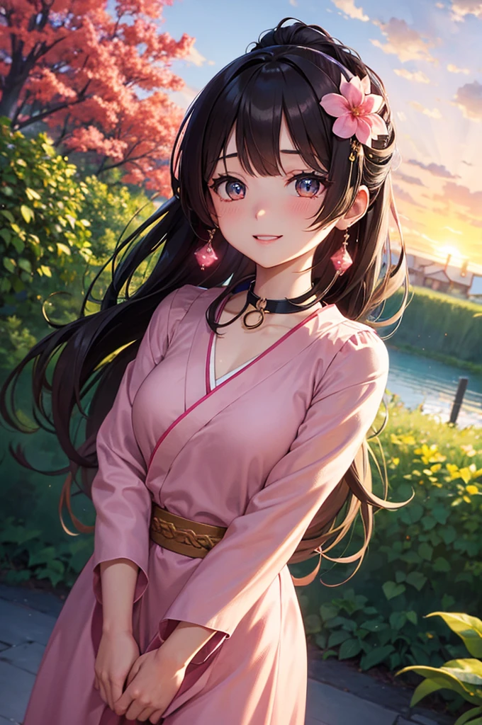 A beautiful girl in a pink dress standing in front of a wooden house, anime girl, house in the middle of the forest, short kimono dress, pink flowered dress, bare shoulders, choker with earring, big round breasts, lace stockings, looking at the sunset, brown hair, long bangs, long hair, ponytail, wavy hair, swept bangs, shiny hair, hairclip, hair flower, ribbon, jewelry, aqua eyes, glowing eyes, pupils sparkling, earrings, smile, blush, seductive smile, red lips, high detail, anime, anime style, cinematic lighting, dithering, image fill, multiple views, atmospheric perspective, perspective, Wide-Angle, f/1.8, 85mm, Nikon, 8k, super detail, UHD, retina, masterpiece, accurate, anatomically correct, textured skin, high details, best quality, highres, 16k