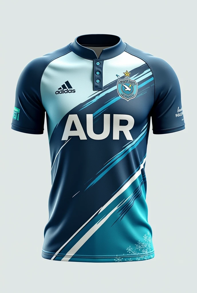 "Design a collared, 3-button neckline. The center front should feature the word 'AUR'. On the back, center the player's name above their role. Use a color of blue, teal, gray, black, and white. The design should incorporate a Little bit of slash geometric shapes, wind-like slashes, and a lot of snowflakes pattern elements.

Note!: Show the back view in the image