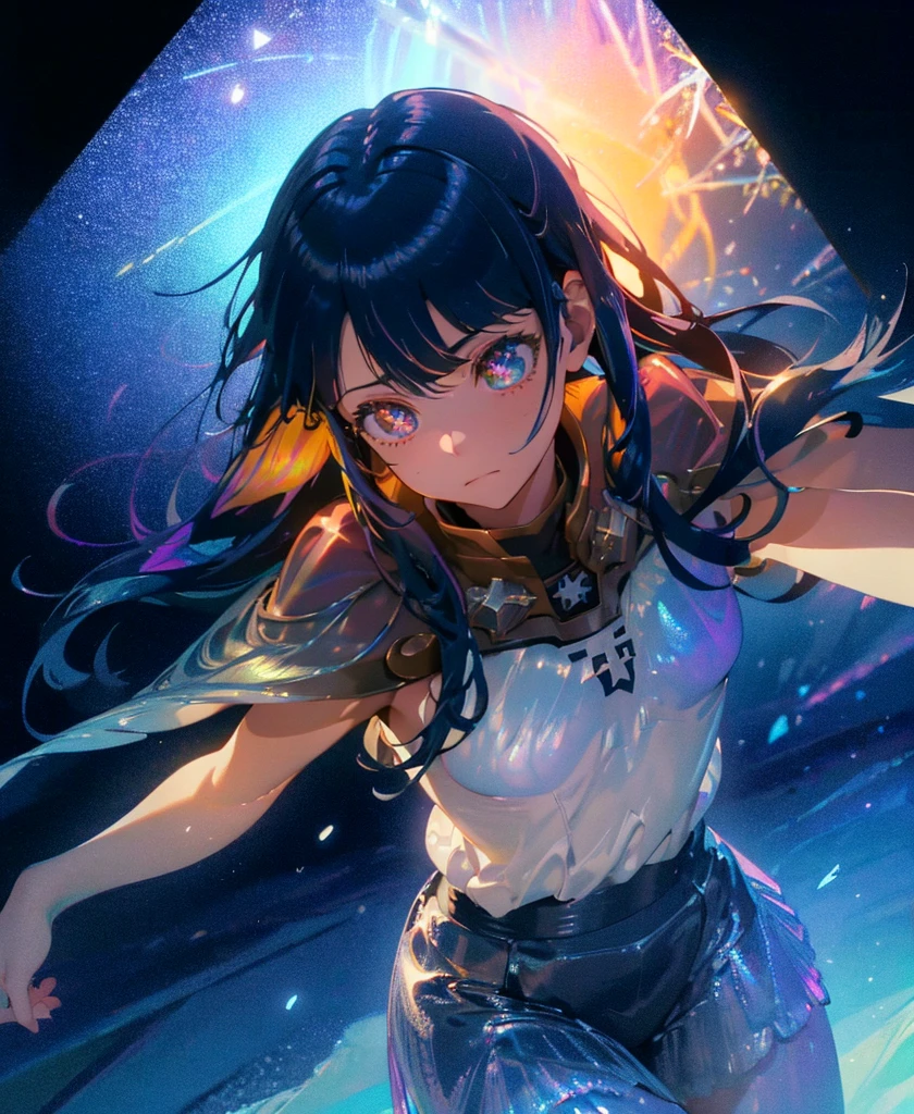 asunayuuki, Navy Blue Hair， With two shining swords, White combat uniform, Sword Art Onlineの翻案, Blue strokes to simulate character speed, BATTLE MODE, (Surreal), {Highly detailed CG unit wallpaper 8k}, Vast landscape photography, (A central vision that prioritizes the whole character, (Viewer-facing view), (Low angle shot), (stand out: 1.5), (Low light: 1.0), (Warm light source: 1.0), Intricate details, (Iridescent colors: 1.5), (Bright lighting), (Atmospheric lighting), Sword Art Online, dream-like, anime