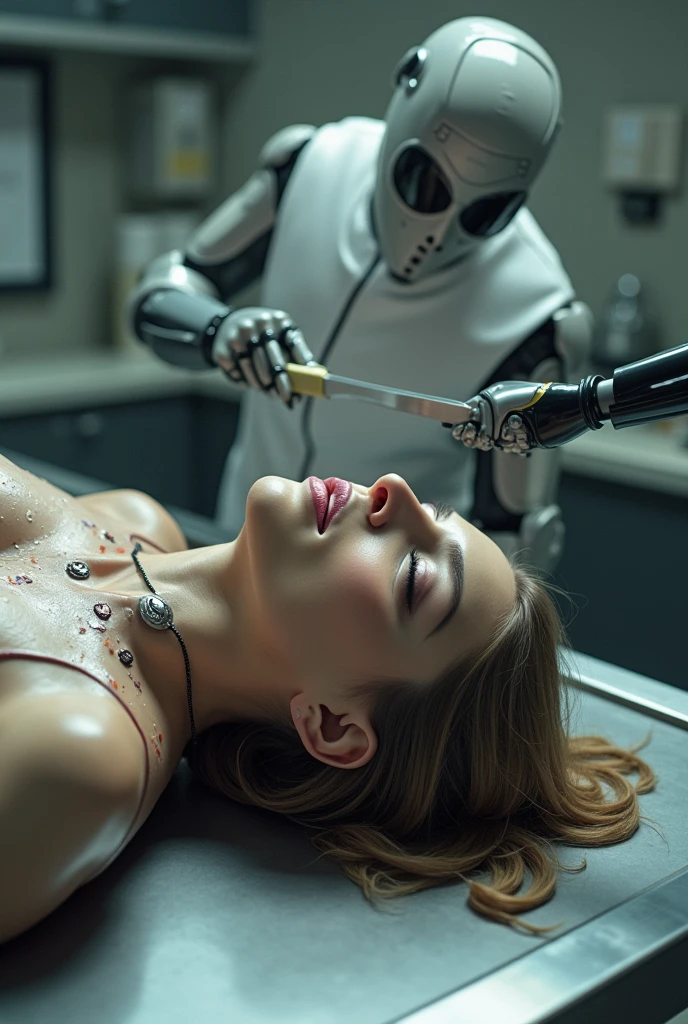 Female T-888 with skin like human covered around endoskeleton full the body is lying on the table. It’s shutting down
Cameron Philips (T-900) uses a knife and cuts T-888’s skin on the chest