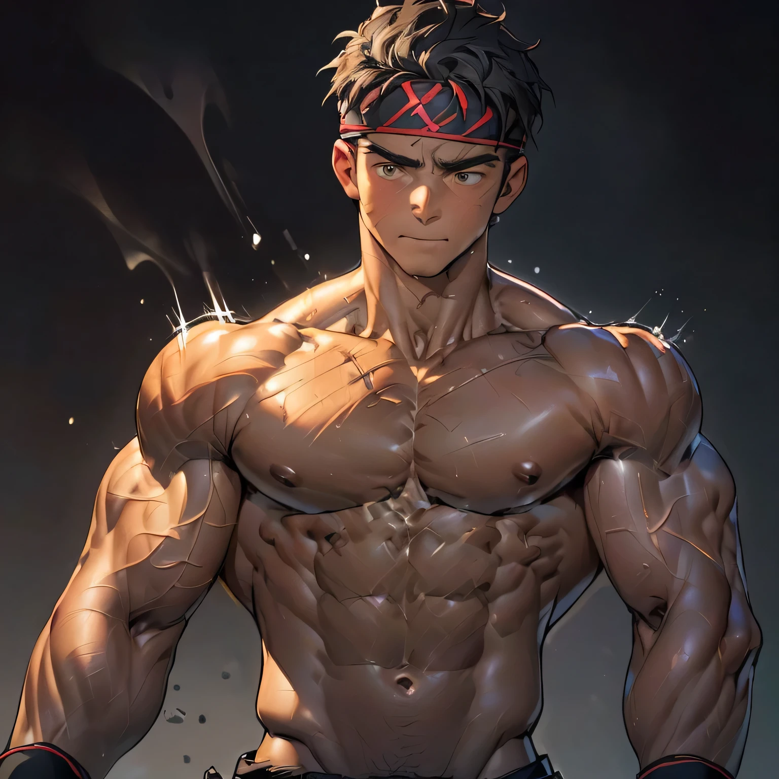 ((masterpiece, best quality)), (((((Black Background, Dark night, (Depth of field:1.2), upper body))))), (19 year old boy, Young guy, muscler, Shirtless, topless), ((((1boy, solo, tough, reliable)))), (Dark Short straight hair, ((almost completely shaved hair)), under cut, Glossy skin), (((red headband, black wristband))), Vivid colors, ((big breast, big shoulder, muscular body, sturdy body, defined round and fleshy pecs, defined round and fleshy ABS, defined round and fleshy armsmuscular, well-defined muscles, developed body, toned body, shouldermuscler)), muscler!, muscler body, detailed face, detailed muscle, (((rippling muscles, athretic body, wearing steam, random fighting pose:1.2)))