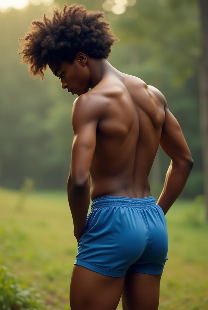 skinny biracial boy with bubble butt, 21 years old, curly afro, high detail, full body, photography, homoerotic, perfect face, skinny, lean, 8k, realistic, ultra hd, realistic, vivid colors, highly detailed, perfect composition, beautifully detailed intricate insanely detailed, 8k artistic photography, soft natural volumetric cinematic perfect light, huge manly bubble butt, highly detailed and perfect face, realistic hands, blue shorts, from the back