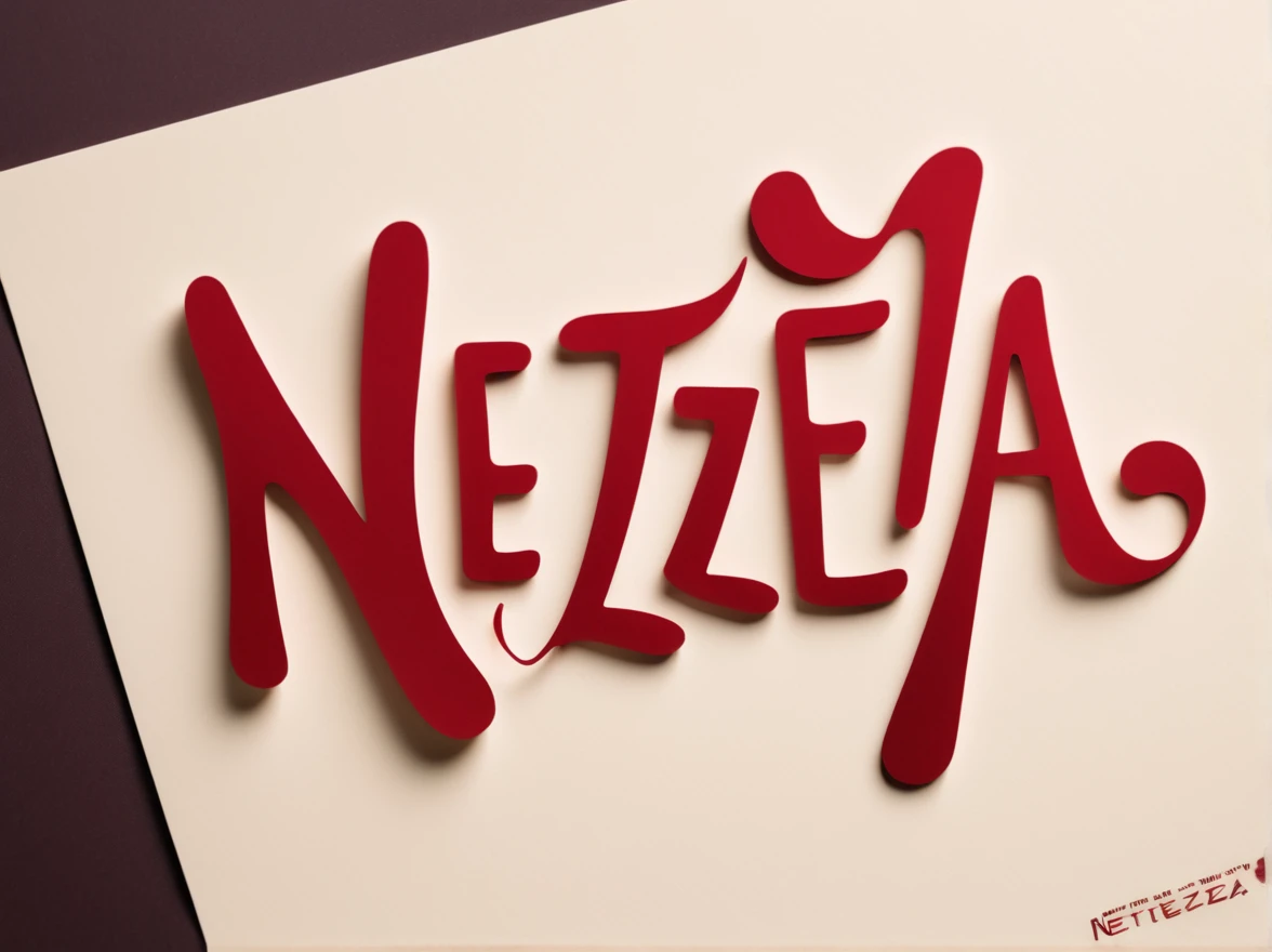 Font Design, typeface drawn with liquid dark red, Message card design, this paper"Netezza", logo"Netezza",