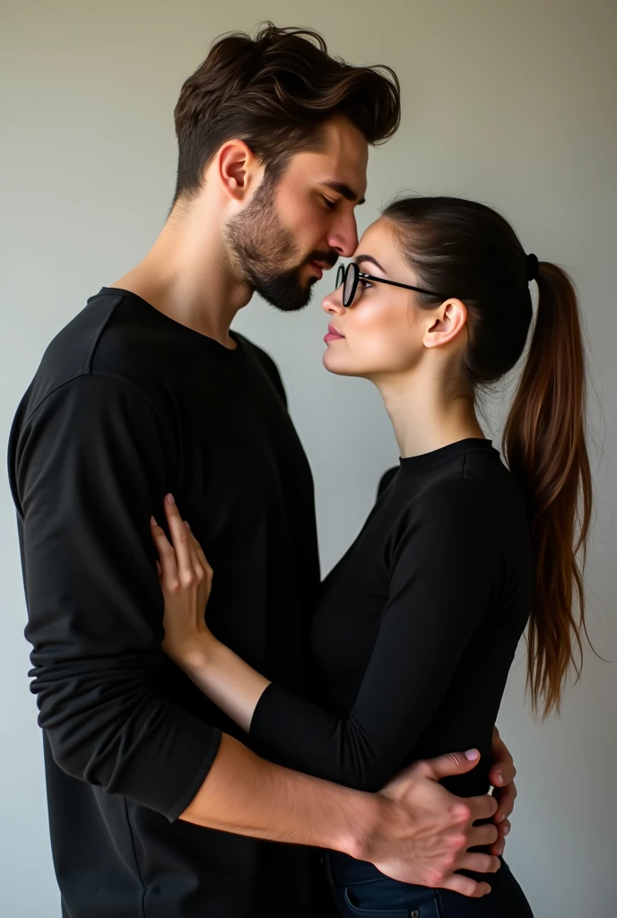 Image of a cute couple girl standing close to each other boy wearing black shirt and girl wearing black top boy is taller and mascular and have little moustache and beard and girl is cute and wearing specteles boy hand is on girl waist and girl doing ponytail