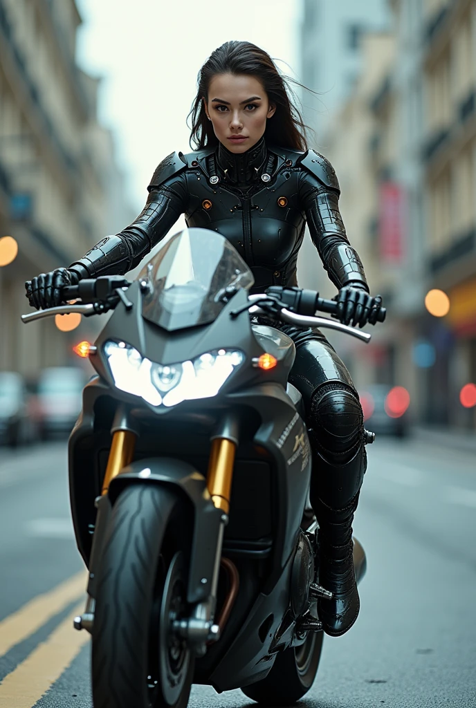 the street, the motorcycle, Female cyborg riding a high-tech motorcycle, best quality, high quality, absurdres, masterpiece, beautiful, intricate details, 1/2 body crop, slim body, beautiful figure, magnificent anatomy, (intricate details:1.12), HDR, (intricate details, hyper-detailing:1.15), (natural skin textures, hyper realisitc, soft light, Sharp:1.2)