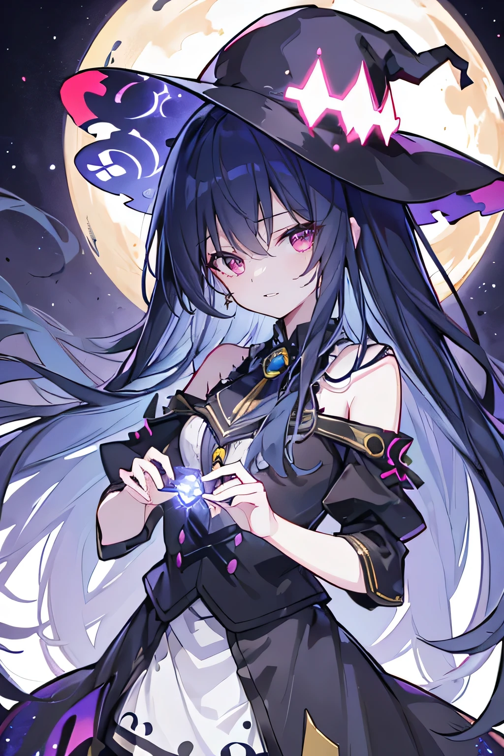 oung Girls,Humanity,A magician always smiles,big witch hat,cute,dark blue long hair,The eyes are dull,The bangs are heavy,Thin eyebrows,fantasy,intake,Double teeth,Star Theme,Constellation pattern,Solid color clothetal decoration,cloak,A bit of a dark atmosphere,A little crazy smile,When the big moon shines outside at night,blood,Hair black star embellishment,Short tie,No nails,High waist skirt,Bell sleeves,Long-sleeved shirt,Black tie,low risk,gentlemen。Mist、Yellow and white effect,Shocking pink as an accent color