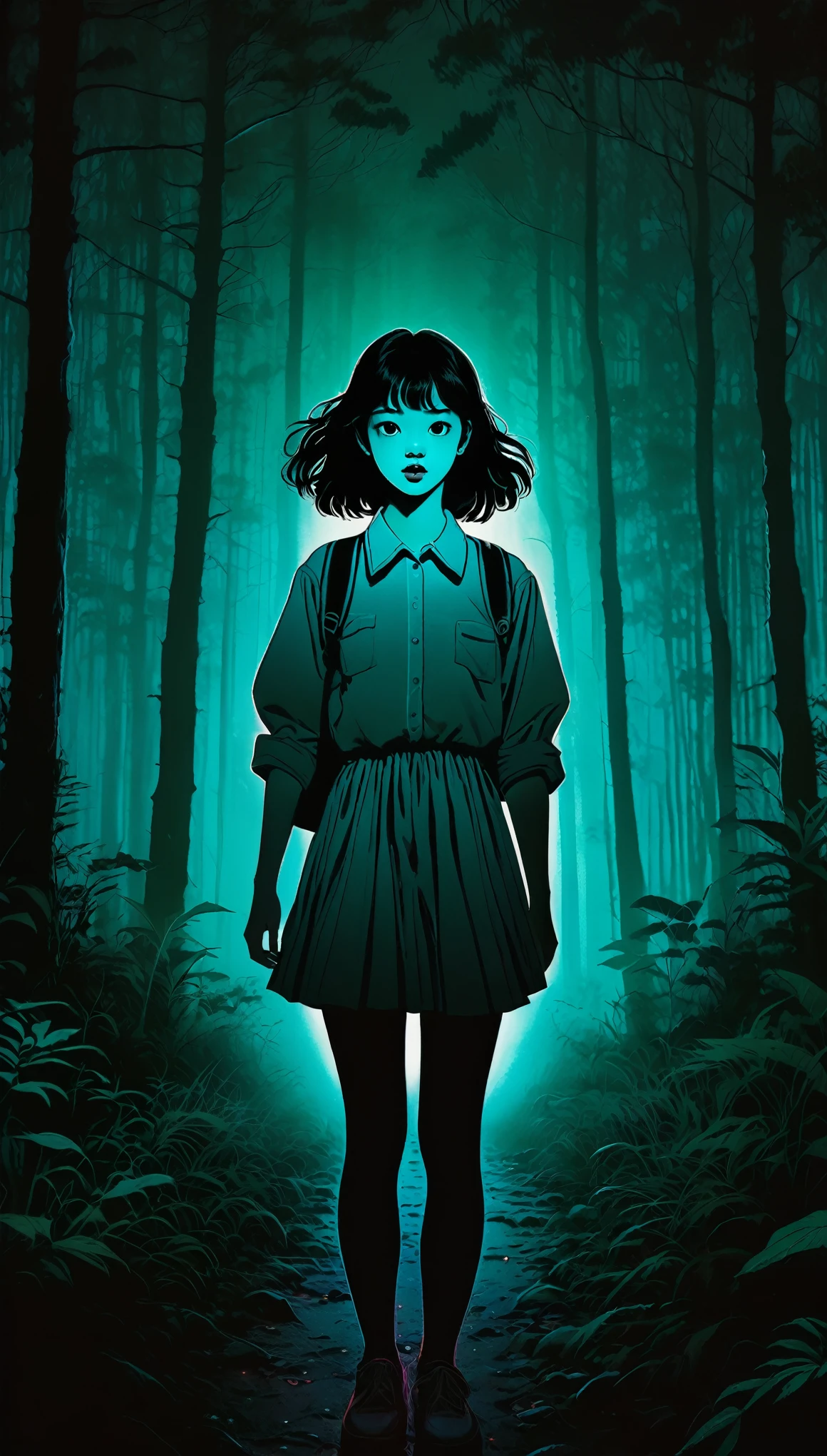 An illustration、art、80s Thai horror movie poster, Supervised by Junji Ito、(high school student:1.25)、night、forest、Attention to detail, Realistic Shadows、Analog Style, chromatic aberration, Surrealism、Complementary Gradient