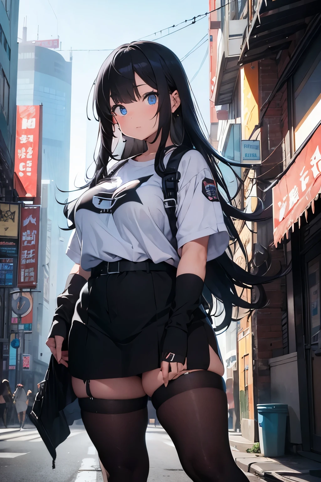 Chubby beautiful woman, septum piercing, black long hair with bangs, bright blue eyes, lots of cats and pitbulls around her, standing in a cyberpunk themed city