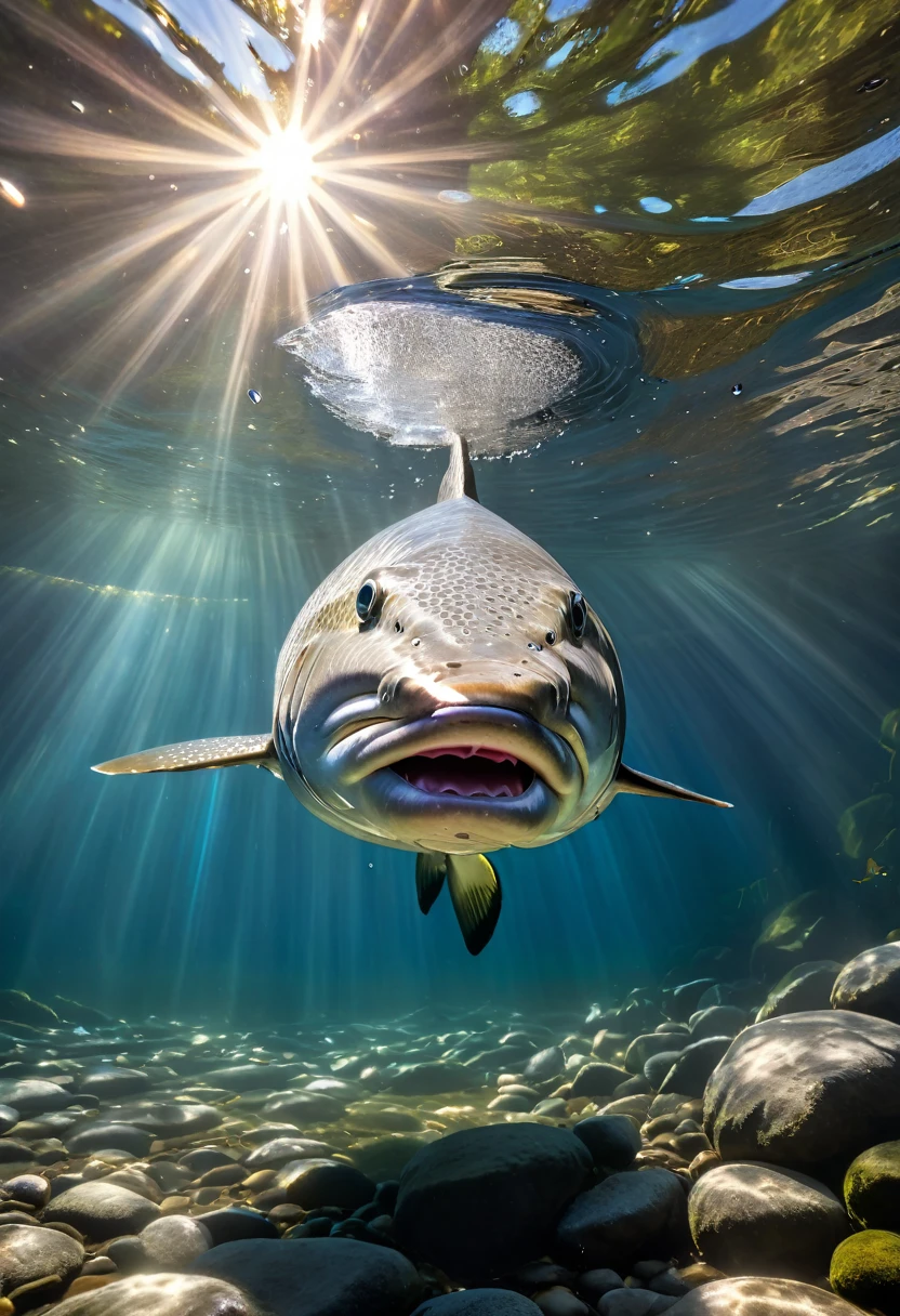 a giant steelhead trout swimming towards the camera, mouth open, shining silver scales, transparent creek water, sunlight beaming through the water, masterpiece, professional lighting, hyperrealistic, 4k, 8k, high resolution, extremely detailed, lifelike, vivid colors, dynamic pose, dramatic lighting