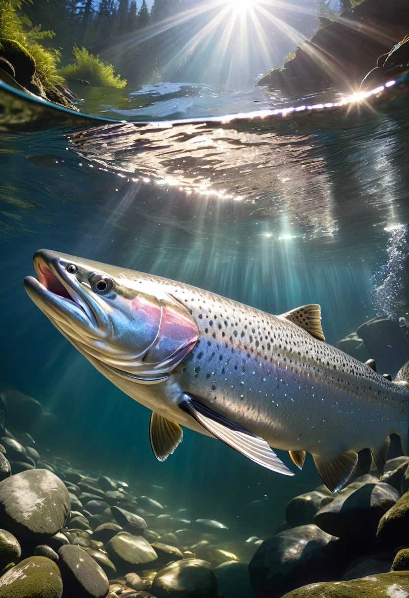 a giant steelhead trout swimming towards the camera, mouth open, shining silver scales, transparent creek water, sunlight beaming through the water, masterpiece, professional lighting, hyperrealistic, 4k, 8k, high resolution, extremely detailed, lifelike, vivid colors, dynamic pose, dramatic lighting