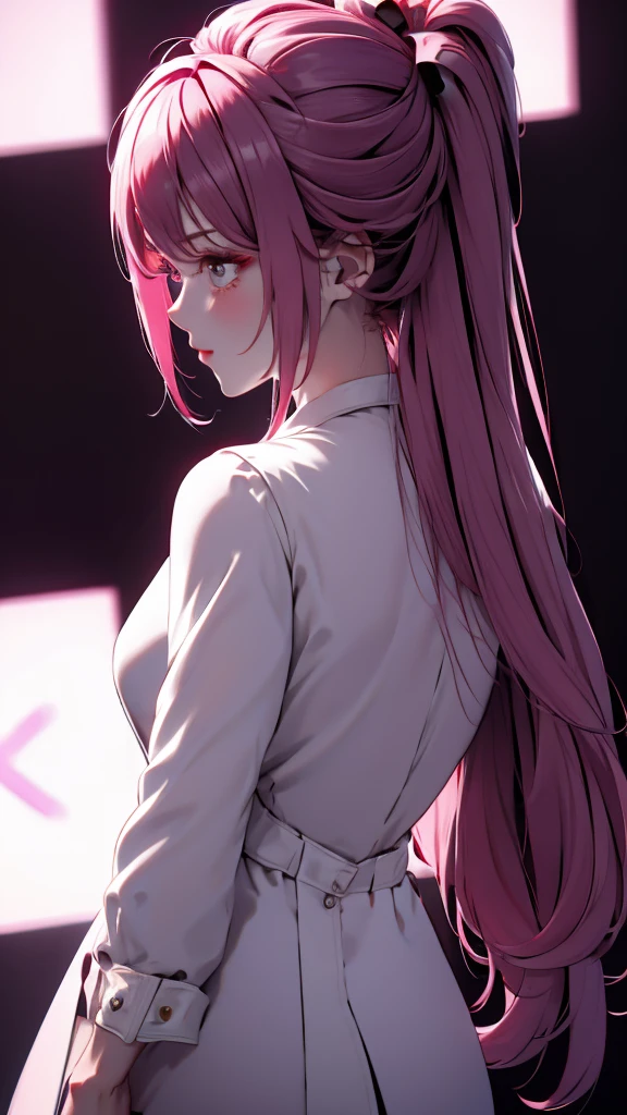 1 Girl, medium pink hair, light white eyes, wearing Black Suit 4D , night club TOWN 18+, high res, ultrasharp, 8K, masterpiece, looking from behind