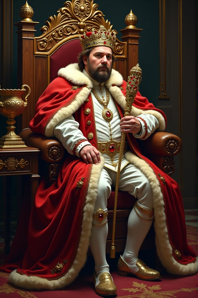 King Henry VIII: Illustrate the English king in luxurious Tudor-era clothing, wearing a fur-lined cloak, an elaborate crown adorned with rubies, and holding a jeweled scepter. His throne should be wooden, intricately carved with roses and the Tudor coat of arms. Include a large, ornate goblet on a small table next to him, representing his lavish lifestyle.

