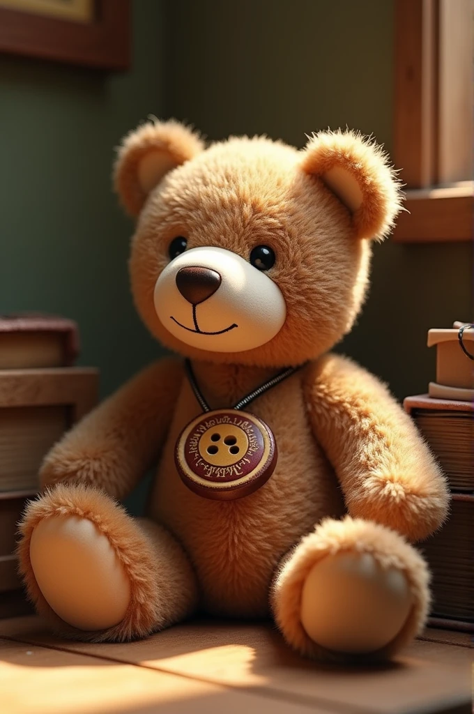A button resembling a school uniform button is attached to a string around the neck of a medium-sized teddy bear.