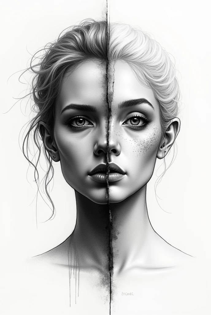 Dual Faces: Sketch two faces merging into one, symbolizing duality or dual personalities, with one side being more realistic and the other more abstract or stylized.